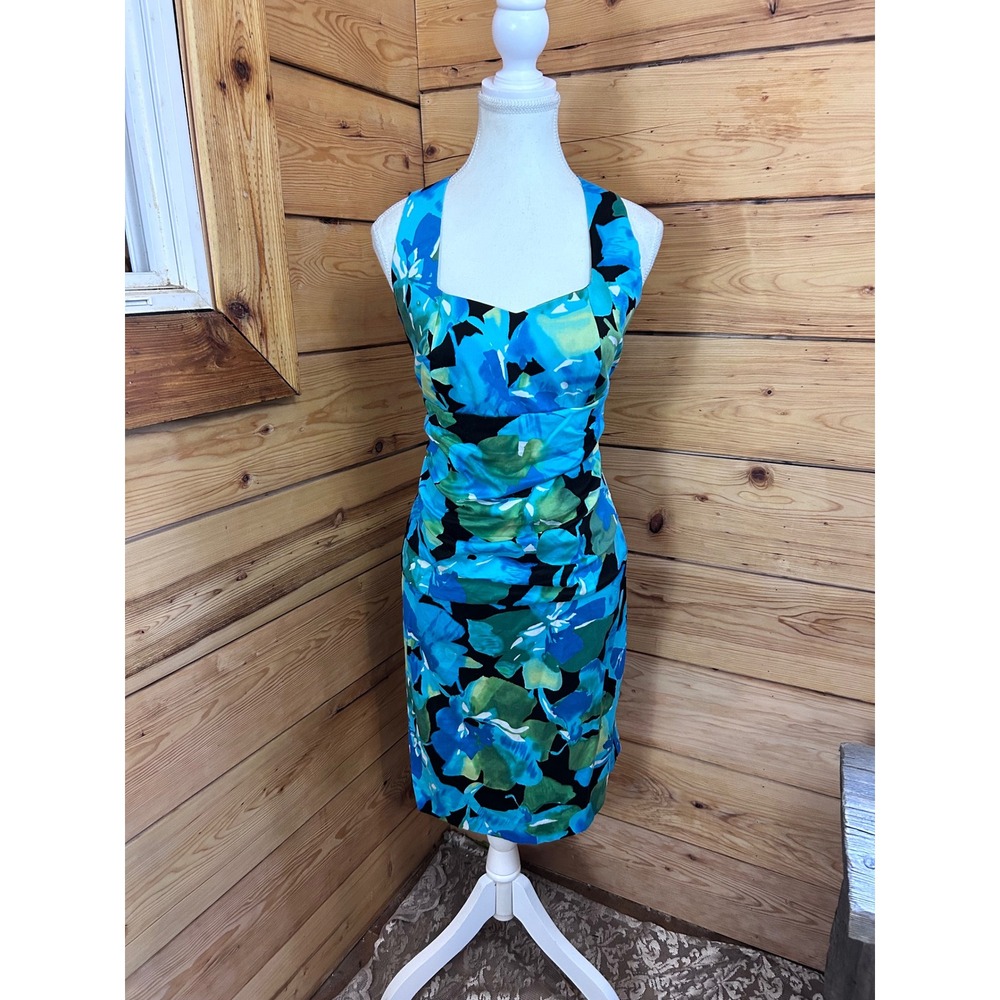 Jolibel Blue Floral Ruched‎ Sheath Dress Sleeveless Size 8 1M-8396